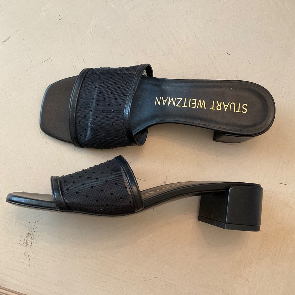 Stuart Weitzman Cayman 35 Block Slide sandals heels size 7 Black Leather - Picture 2 of 5